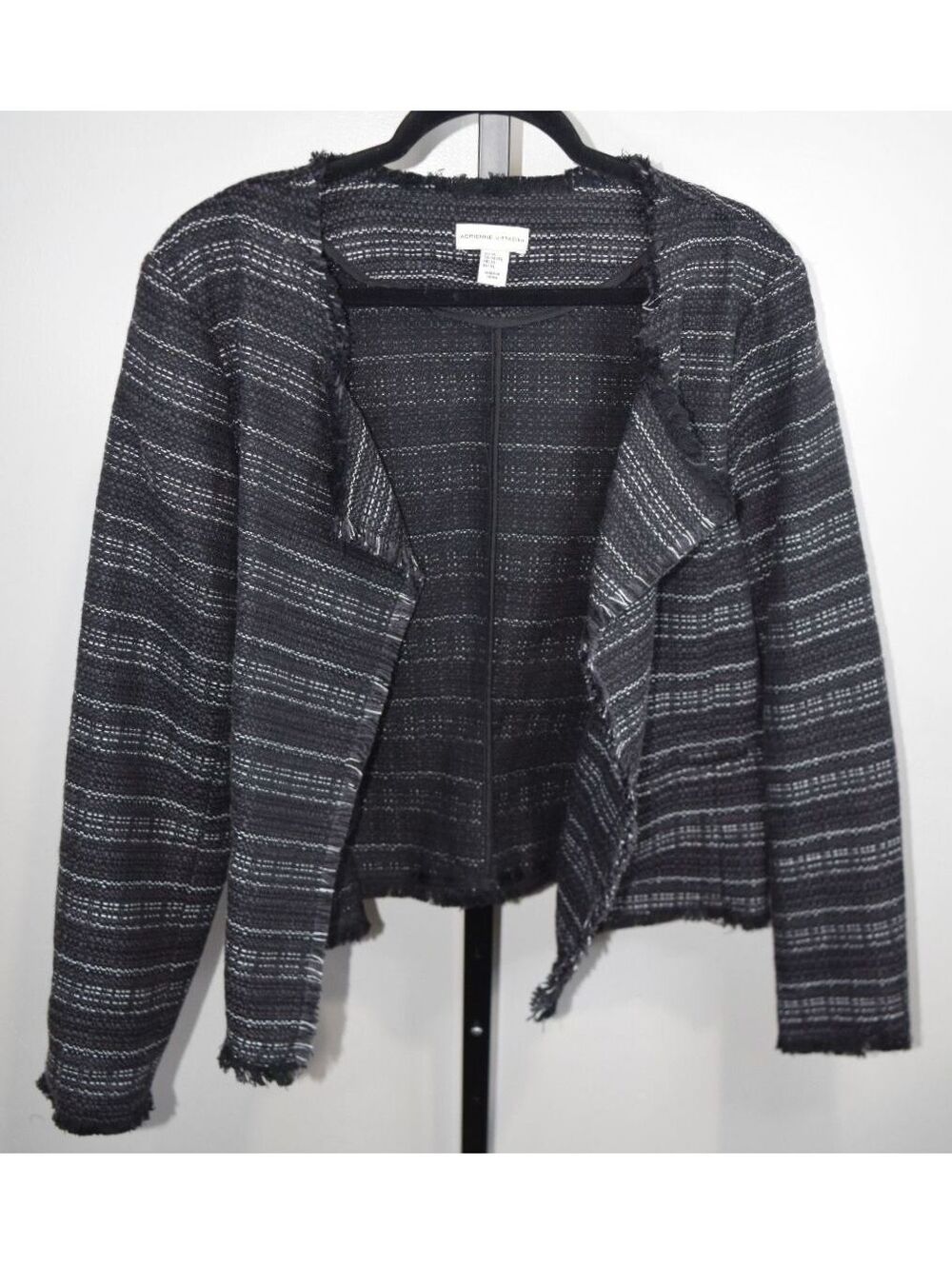Adrienne Vittadini Women's XL Black Grey Boucle Tweed Fringe Hem Blazer Jacket